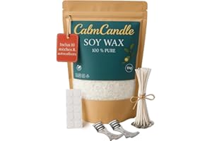 CalmCandle 1 kg de Cire de soja avec 10 mèches, 10 étiquettes adhésives et 2 Supports de mèche – 100% végétale et Blanche | 2 kg de Cire à Bougie à fabriquer soi-même (2, Kilogrammes)