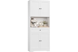 FOREHILL Kitchen Cupboard 180cm Tall Kitchen Cabinet Sideboard Storage Cabinet with Large Countertop, Adjustable Shelves, 1 Drawers 75x40x180cm White