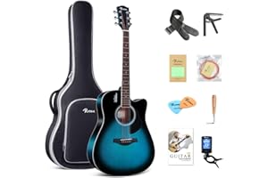 Rosen Solid Top Gitarre Dreadnought Akustikgitarre 41 Zoll Einsteiger-Gitarren-Bundle aus Fichte mit Buch, gepolsterter Tasche, Saiten, Plektren, Stimmgerät, Inbusschlüssel, Gurt, Poliertuch, blau
