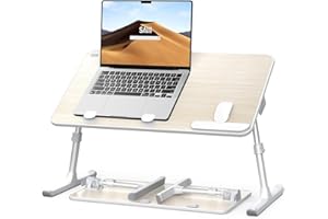 Stół, biurko, SAIJI regulowany stojak na laptopa, stolik na łóżko, 5 wysokości, 4 kąty, stabilne składane biurko na łóżko, sofę, biurko, pasuje do laptopa o przekątnej do 43 cm (drewno tekowe)