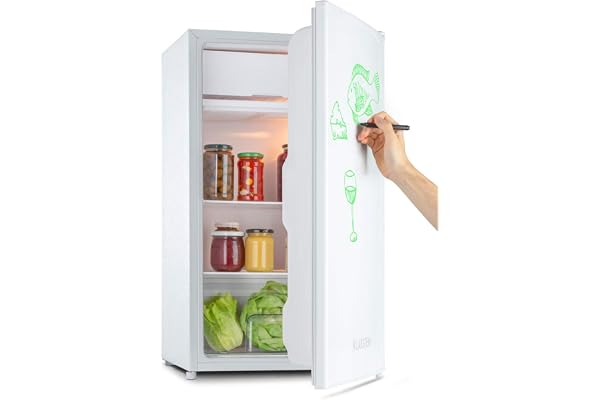 KLARSTEIN Spitzbergen - Réfrigérateur, Classe d'efficacité énergétique E, Compartiment congélateur, Design ZestfulART : Porte inscriptible avec marqueur, 2 Compartiments de Porte, Blanc, 90 L