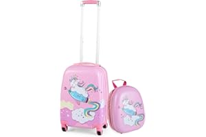 GYMAX 2Pcs Kids Luggage Set, 16"/18" & 12" Girls Suitcase and Backpack Set with 4 Spinner Wheels, Hard Shell Children Trolley Case for Travel School (Pink, 12" & 18")