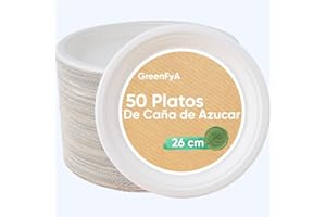 GreenFyA Platos Desechables de Caña de Azúcar Resistentes, 100% Biodegradables (50, 26cm.)