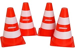 alldoro 60090 Pylonen 4er-Set für Kinder, Verkehrshütchen orange-weiß, 18 cm hoch, stapelbare Leitkegel für Slalom, Sport & Freizeit