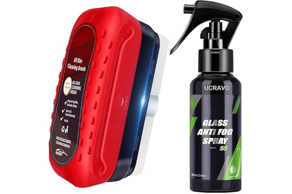 UCRAVO Oil Film Cleaning Brush & Car Glass Cleaner Anti-Fog Spray Anti-Mist, Oil Stain Remover for Car Windows, Mirrors & Glass Rain Mist Windshield Defogger & Stain Remover for Interior & Exterior