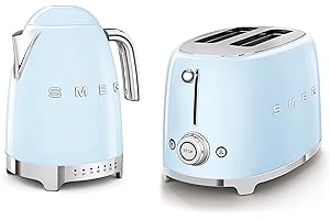 Smeg 50’s Style Retro Range Breakfast Set, 1.7L 3000W Variable Temperature Kettle and Multi-Functional Control 2-Slice 950W Toaster, Pastel Blue, KLF04PBUK/ TSF01PBUK