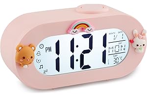 Ayybboo Kids Alarm Clock,Digital Sleep Trainer Clock with Snooze Function & Night Light,Multi-language Kids Silent Alarm Clock for Boys/Girls Birthday,School Season(PINK)