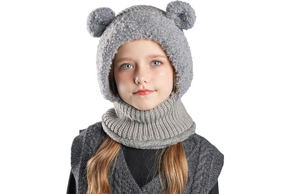 SEAUR slip-mössa flicka 4–10 år fodrad stickad mössa för barn, halsduk för barn, balaclava vintermössa, söt björn
