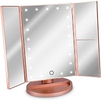 HOMI Schminkspiegel Mit LED-Beleuchtung – 3x/2x/1x Vergrößerung, Faltbar, 180° Drehbar, USB/batteriebetrieben (Gold)