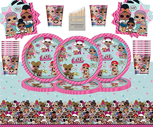 Kids Surprise Party Pack Vajilla de cumpleaños para niños 49 Piezas Suministros de Fiesta LOL Sirve 16- Platos LOL Copas Servilletas Cubierta de Mesa