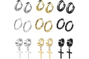 Bo Win 9 Paare Titan Edelstahl Silber Creolen Ohrringe für Herren Damen, Ohrringe Herren Schwarz, Ohrringe Männer Creolen, Ohrringe Kreuz Herren Hängend, Gold Ohrringe Creolen Herren Damen Set Klein