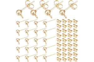 SOFPLATE 1 Box 100Pcs Ball Earring Posts Stainless Steel Stud Earring Findings Hypoallergenic Gold with Butterfly Ear Back and Loop Small Round Earring Studs for jewellery Making Supplies DIY Beginner