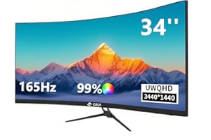 ‎CRUA CRUA 34Inch Ultrawide Gaming Monitor,(3440 * 1440P) 165Hz Curved Monitor,99% sRGB,Computer Monitor Supports AMD Freesync,Wall Mountable Installs(HDMI,DP) WQHD Monitor for Gaming,Photo Editing