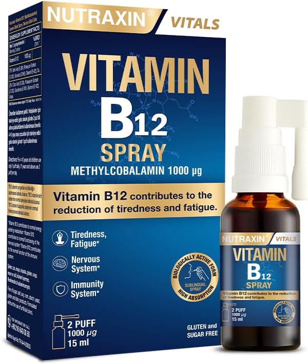 Nutraxin Vitamin B12 Sprey 1000 µg Metilkobalamin, Yüksek Emilim, Vegan Uyumlu, Ağız Yoluyla Takviye Edici Gıda, 15 ml