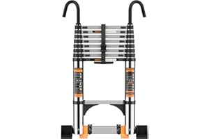 JIASHCHE Telescopic Ladder,3.2M Stainless Steel Thickened High-Strength Loft Ladder, step ladder with Stabilizer Bar and Detachable Hooks, Multi Purpose Extendable Portable Folding Ladders