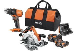 AEG PRO18V - COMBOKIT Duo 18 Volts avec 1 Perceuse à Percussion + 1 Scie Circulaire - Livrées avec 1 Batterie 4,0Ah et 1 Batterie 2,0Ah, 1 Chargeur et 1 Sac de Rangement - JP18J2-X02B