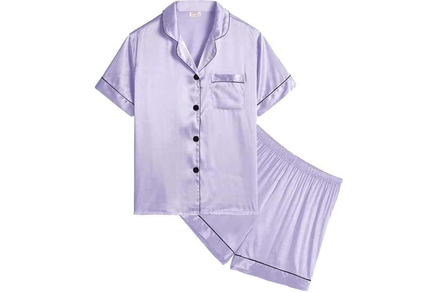 SWOMOG Girls Silk Pyjamas Short Sleeve Sleepwear Kids 2Pcs Satin Button-Down PJ Sets Nightwear