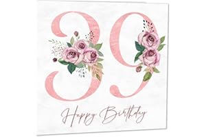 PURPLE FOX Carte d'anniversaire 39 ans pour femme – Carte d'anniversaire florale pour femme de 39 ans, trente-neuvième pour femme, maman, sœur, tante, nièce, fille