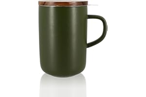 OGO LIVING Juliet herbata ziołowa 475 ml - idealna do herbaty i herbaty ziołowej - kubek do herbaty z kamionki i pokrywką z drewna akacjowego - zielony khaki - 7912034