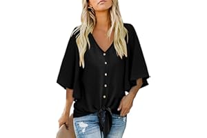 Aokosor Womens Blouse V Neck Tops with Button Ladies Summer Chiffon 3/4 Bell Sleeve T shirts