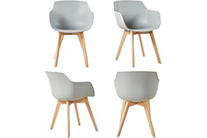 EGGREE Zestaw 4 krzeseł do jadalni, skandynawskie z podłokietnikami i mocnymi nogami z drewna bukowego, nowoczesne wzornictwo, do biura, kuchni, salonu, szare