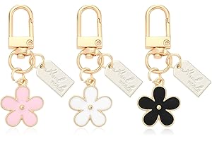 Andibro Lot de 3 porte-clés esthétiques en forme de fleur pour femme, mini porte-clés pour sac à dos, sac à main, accessoires pour femme et fille, Noir, blanc, rose., S