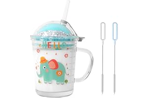 Heiqlay Taza de Leche Niños con Pajita, Tazas para Niños Medición, Vaso Leche con Tapa Niños, Jarro con Pajita, para café con leche, jugo, té helado, para microondas, 400ml, elefante