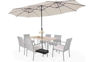 TANGZON 450cm/4.5m Large Twin Patio Umbrella with Garden Parasol Base, 46mm/51mm Pole Double-Sided Market Umbrella with 48 LED Light, Outdoor Table Umbrella for Poolside Backyard (Beige)
