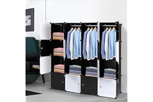 ‎LEADZM LEADZM Regalsystem, 16 Würfel, Kleiderschrank aus Kunststoff, mit Türen, Modulare Schrank für Platzsparendes, 140 x 45 x 140 cm, Schwarze und weiße Tür, Aufbewahrung von Kleidung, Schuhen etc.