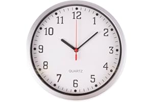 DECORATIVE CONCEPTS UK RETRO ROUND ANALOGUE WALL CLOCK Quartz Quiet Silver/Black Accurate Timepiece 23cm (Silver 23cm)