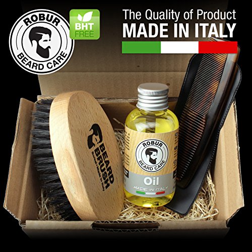 Set for beard care, moisturizing emollient oil 100 ml, brush and pocket comb. Beard set man. Brush + soap + comb. 100% made in Italy.
