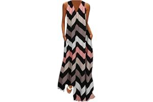 VEMOW Vestido Largo Elegantes Sin Mangas para Mujer, Fiesta de Verano Vestidos Maxi Partido Playa de Informal Sueltos Falda con Cuello en V y Bolsillos Estampado de Moda Retro Talla Grande