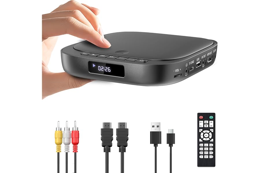 Desobry Mini DVD Player for TV HDMI,1080P HD Multi Region Free DVD Player for Smart TV, Compact Small DVD Player with USB & TF Input, AV Output, Fast Reading & Last Memory Playback (Not Blu-ray)