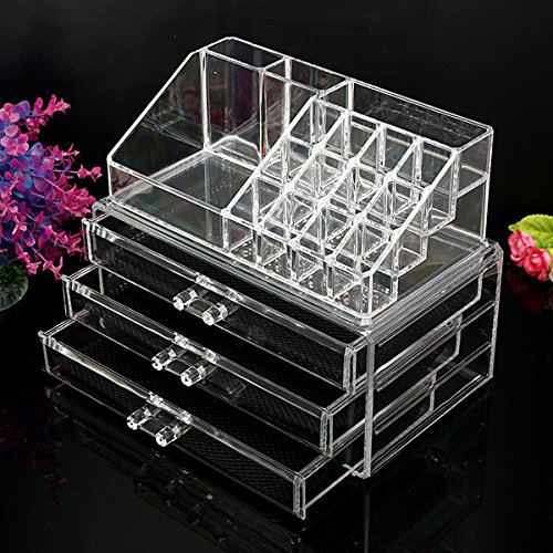 New Cosmetic Jewellery Rack Makeup Organizer Box Case Clear 3 Storage Drawers (3 layers 24.2x19.3x15cm)