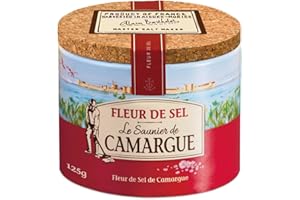 Le Saunier De Camargue Premium French Sea Salt, Fleur De Sel, Hand Harvested, Delicate Salt Flakes for Cooking, Baking and Seasoning, Round Box 1 x 125 g