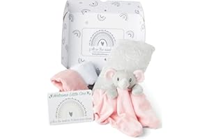 Baby Box Shop – 5 Essentials für Neugeborene, Babyparty, Babydecke mit rosa Elefantenmotiv, Fleecedecke, 2 Musselintücher und Geschenkkarte mit Nachricht