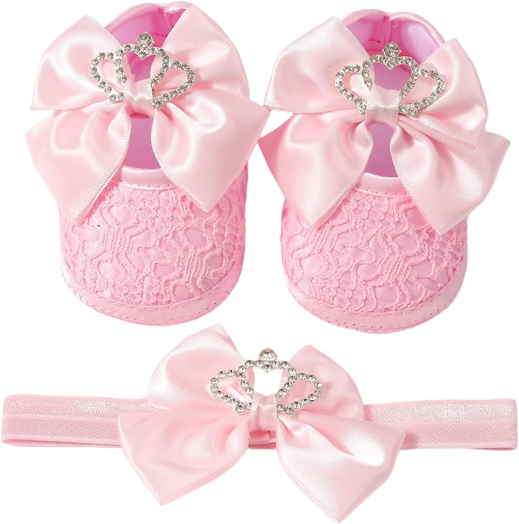 Stylish Crowns Bowknot Design Newborns Girl Shoe Headband Set Feature Soft Soles and Comfortable Fabric Soft Baby Footwearsophisticated Child Girl Footwear