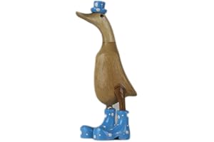 ‎ART-CRAFT ART-CRAFT Wooden Duck Running Duck Garden Decoration Figure Made of Bamboo Root and Teak Wood with Boots and Hat Blue 25 cm High