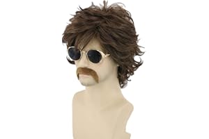 LeMarnia 70er Jahre Herren Perücke braune Männer kurze lockige Perücke und Bart Halloween Party Perücken