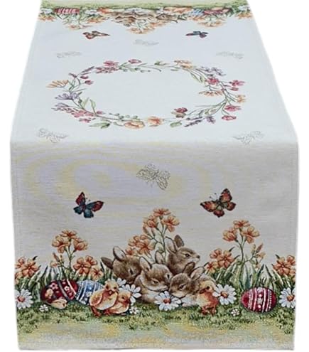 Runner Da Tavola Pasquale In Gobelin - Motivo Conigli E Uova, 100% Made In Italy, 40x100 Cm