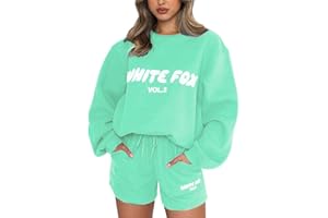 XeonZKne Women's White Fox Tracksuit Set Oversized Two Piece Outfit Long Sleeve Pullover and Short Sweatpants Y2K Activewear