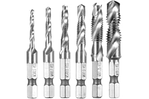 NEWDER-EU 6 Pezzi Punte Trapano, Maschi Countersink Tap Drill Bit HSS Imposta Combinazione Attacco Filettare e Svasare l’imboccatura Innesto Esagonale Standard Titanio Tap Trapano, non per Metallo Duro