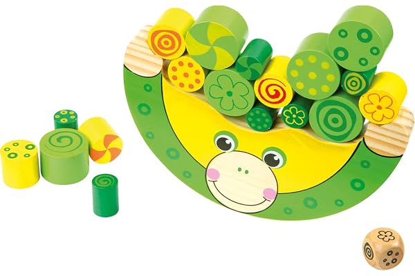 Grenouille d'équilibre en bois naturel certifié FSC® 100%. Jouet de motricité, dés inclus, pour enfants à partir de 3 ans.