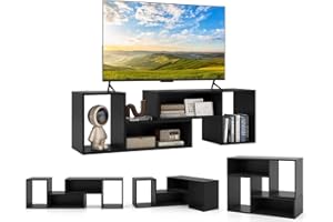 COSTWAY Mobile Porta TV Combinabile a 2 Pezzi, per TV Fino a 60'', Mobile TV a Angolo Soggiorno in Legno, con 4 Vani Aperti, Tavolo Media TV Multifunzionale, per Soggiorno, Camera da Letto (Nero)