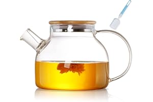 NEEMOSI Théière avec infuseur, 1000 ml, en verre borosilicate résistant à la chaleur, avec filtre amovible, design moderne et élégant pour thé, thé à fleurs et jus