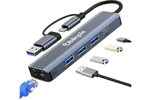 Oblinple Hub USB C a Ethernet 5 en 2, Adaptador a LAN 1000 Mbps, Adapter de Red a RJ45 Gigabit Con 3 Puertos 3.0 y Type C, Multipuerto Para Windows XP, MacBook, Linux, Chromebook