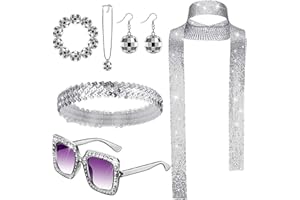HAOYUNLAI Accesorios Discoteca Años 70, 6 Pieza 1970s Accesorios Disfraz Discoteca con Collar Pendientes Pulseras Diadema Bufanda y Gafas de Sol Brillantes para Mujeres Carnaval Fiesta