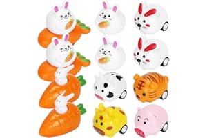 O-KINEE 12 sztuk zwijanych zajączków z marchewką, zajączki wielkanocne jako upominek, prezent na Wielkanoc, zabawka do naciągania, samochód zabawkowy, samochód do wyciągu, zajęcy, idealny prezent dla chłopców