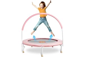 Pukomc 36/60in Toddler Trampoline for Kids Exercise,Rebounder with Adjustable Foam Handle and Safety Padded Cover/with Basketaball Hoop, Foldable Kids Trampolines for Indoor Outdoor Pink/Blue