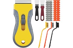 BOHORAY Scraper Tool Set, Window Scrapers Cleaning Tool Plastic Scraper with 20 Spare Replacement, 3 Stainless Brush & 2 Spatula for Cleaning Paint Removing Gasket Labels Kitchen Cleaning(Yellow)